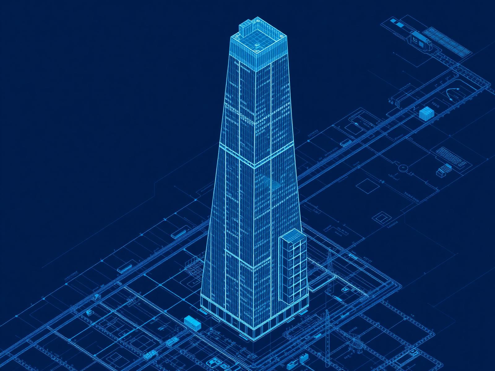 Isometric architectural blueprint of a skyscraper analyzed by BuildLens AI